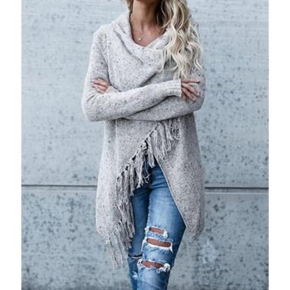 Grey Cardigan Boho Sweater Cover Up Poncho Wrap Knit Tassels Trendy Womens Top - Picture 5 of 12